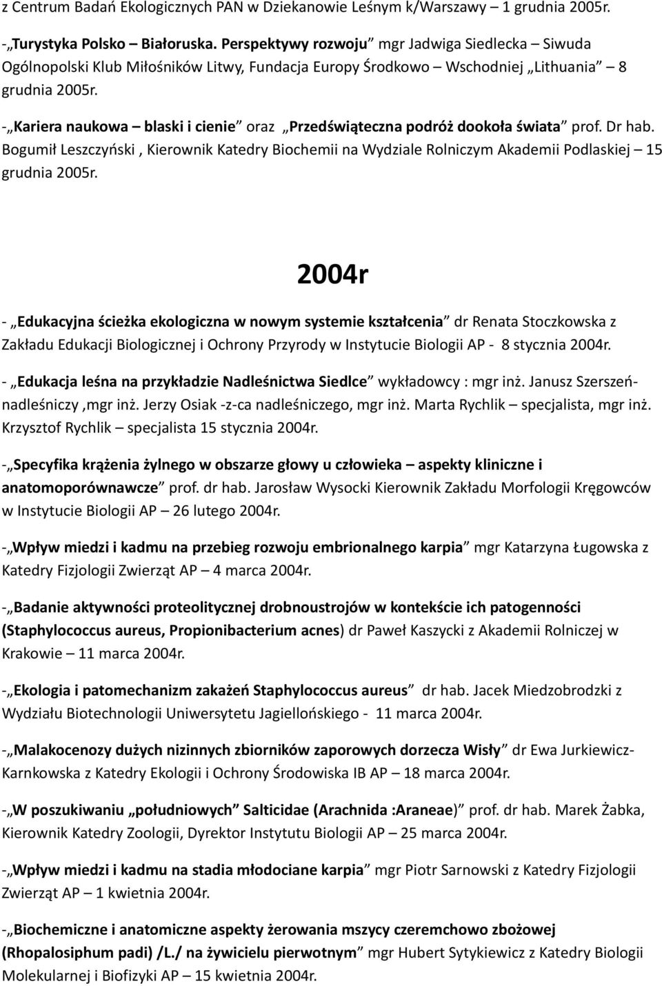 - Kariera naukowa blaski i cienie oraz Przedświąteczna podróż dookoła świata prof. Dr hab. Bogumił Leszczyński, Kierownik Katedry Biochemii na Wydziale Rolniczym Akademii Podlaskiej 15 grudnia 2005r.