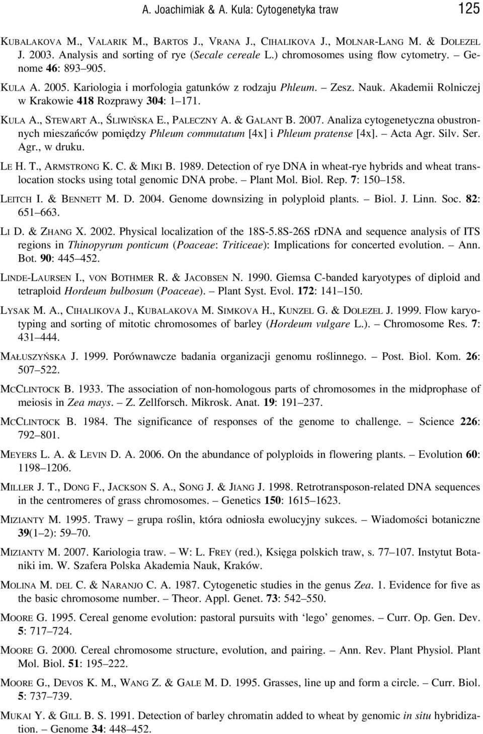 , ŚLIWIŃSKA E., PALECZNY A. & GALANT B. 2007. Analiza cytogenetyczna obustronnych mieszańców pomiędzy Phleum commutatum [4x] i Phleum pratense [4x]. Acta Agr. Silv. Ser. Agr., w druku. LE H. T.