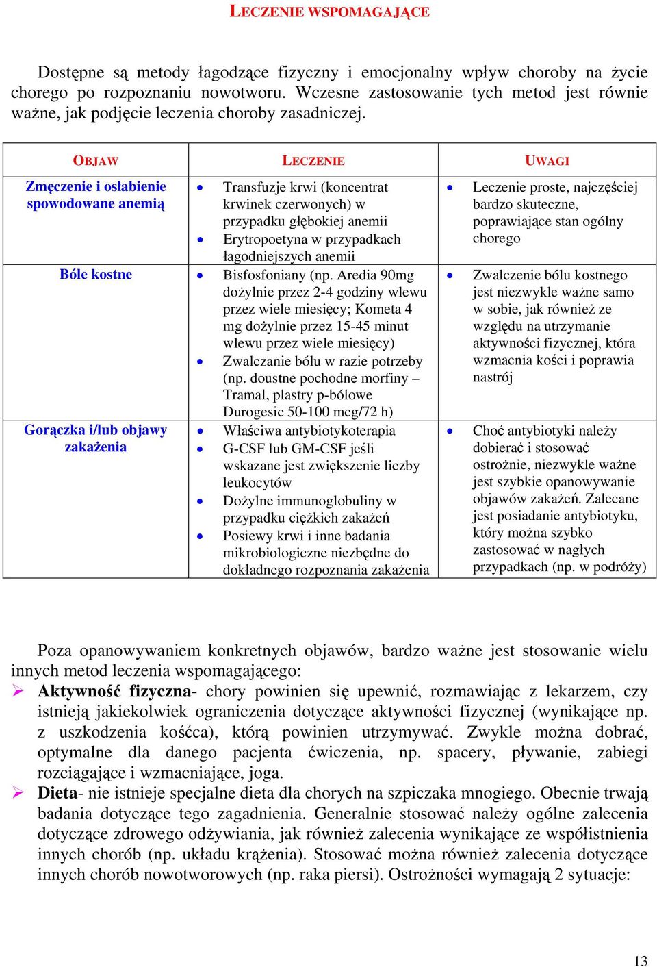 OBJAW LECZENIE UWAGI Zmęczenie i osłabienie spowodowane anemią Transfuzje krwi (koncentrat krwinek czerwonych) w przypadku głębokiej anemii Erytropoetyna w przypadkach łagodniejszych anemii Bóle