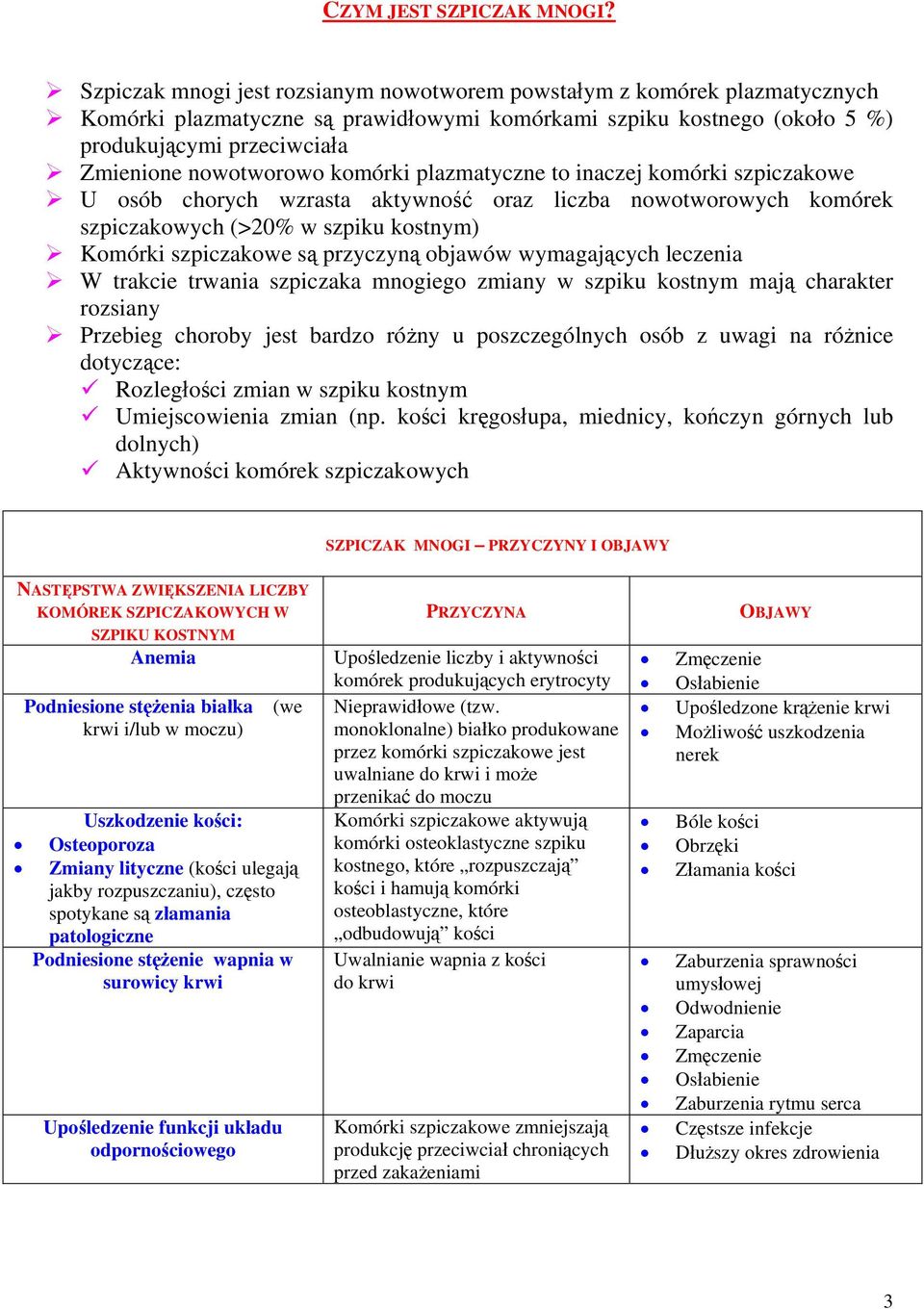 komórki plazmatyczne to inaczej komórki szpiczakowe U osób chorych wzrasta aktywność oraz liczba nowotworowych komórek szpiczakowych (>20% w szpiku kostnym) Komórki szpiczakowe są przyczyną objawów