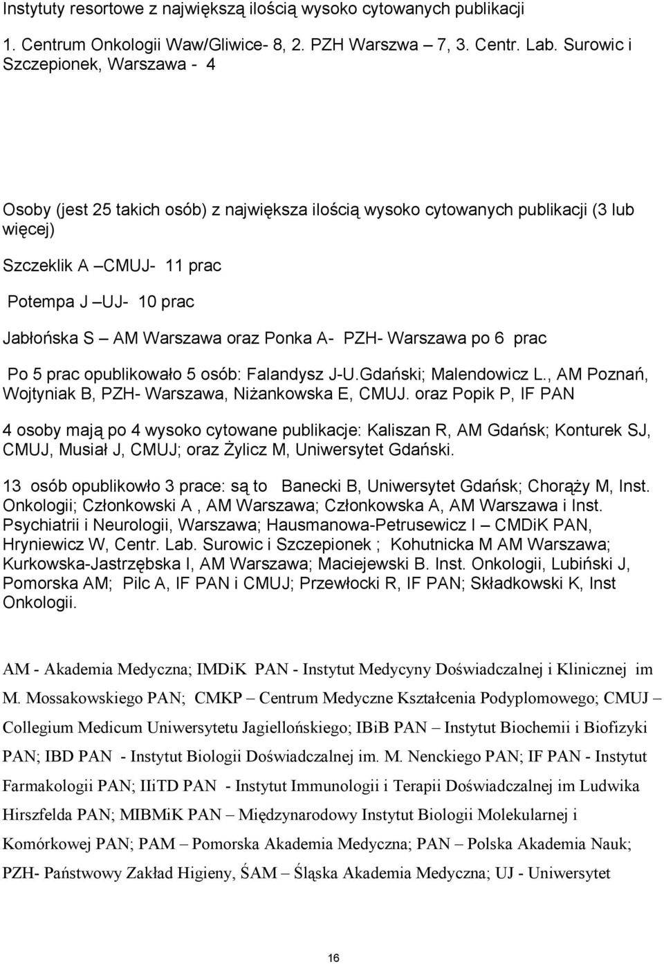 Warszawa oraz Ponka A- PZH- Warszawa po 6 prac Po 5 prac opublikowało 5 osób: Falandysz J-U.Gdański; Malendowicz L., AM Poznań, Wojtyniak B, PZH- Warszawa, Niżankowska E, CMUJ.