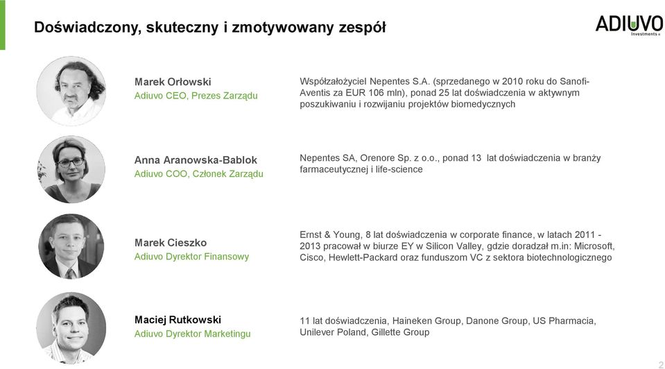 (sprzedanego w 2010 roku do Sanofi- Aventis za EUR 106 mln), ponad 25 lat doświadczenia w aktywnym poszukiwaniu i rozwijaniu projektów biomedycznych Anna Aranowska-Bablok Adiuvo COO, Członek Zarządu