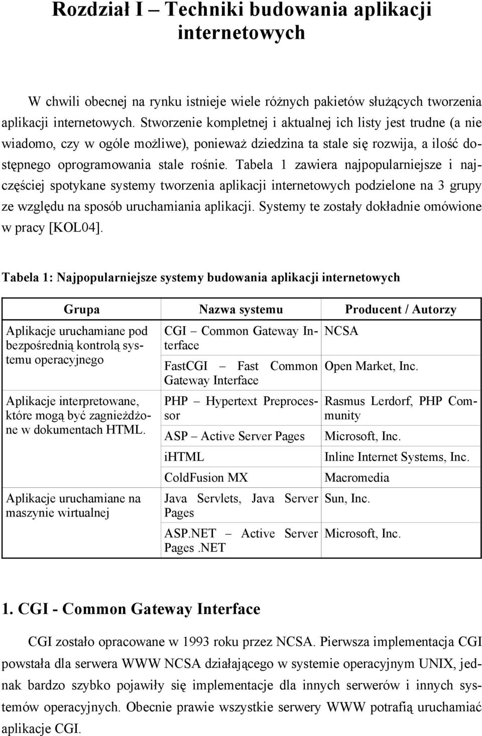 Tabela 1 zawiera najpopularniejsze i najczęściej spotykane systemy tworzenia aplikacji internetowych podzielone na 3 grupy ze względu na sposób uruchamiania aplikacji.