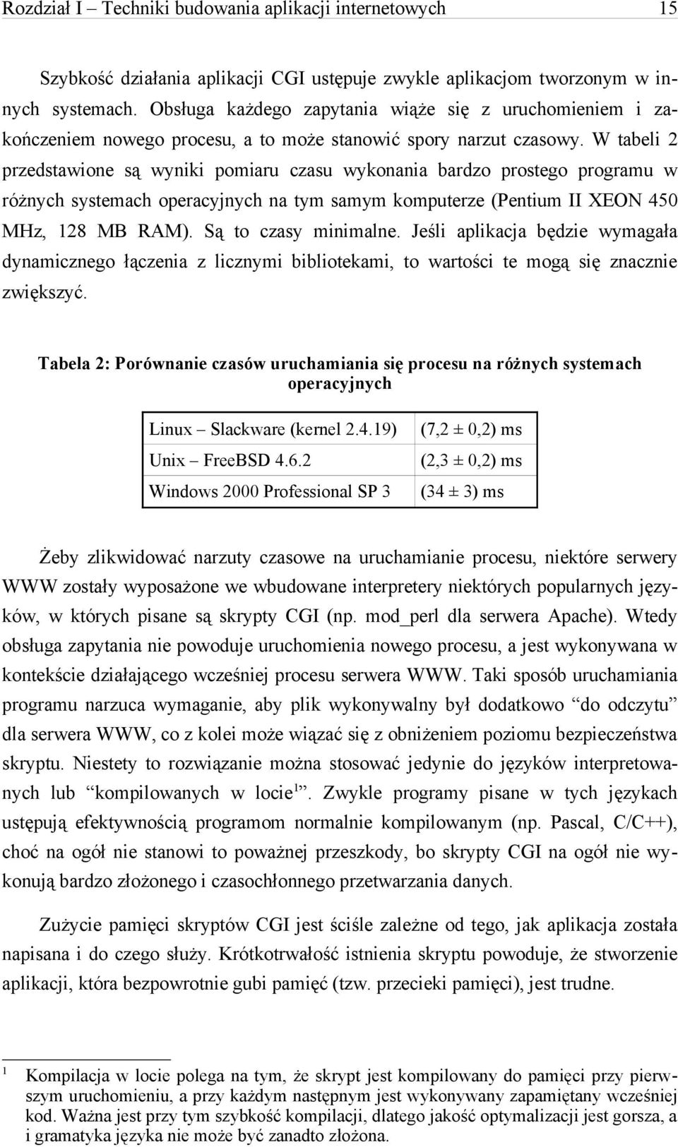 W tabeli 2 przedstawione są wyniki pomiaru czasu wykonania bardzo prostego programu w różnych systemach operacyjnych na tym samym komputerze (Pentium II XEON 450 MHz, 128 MB RAM).