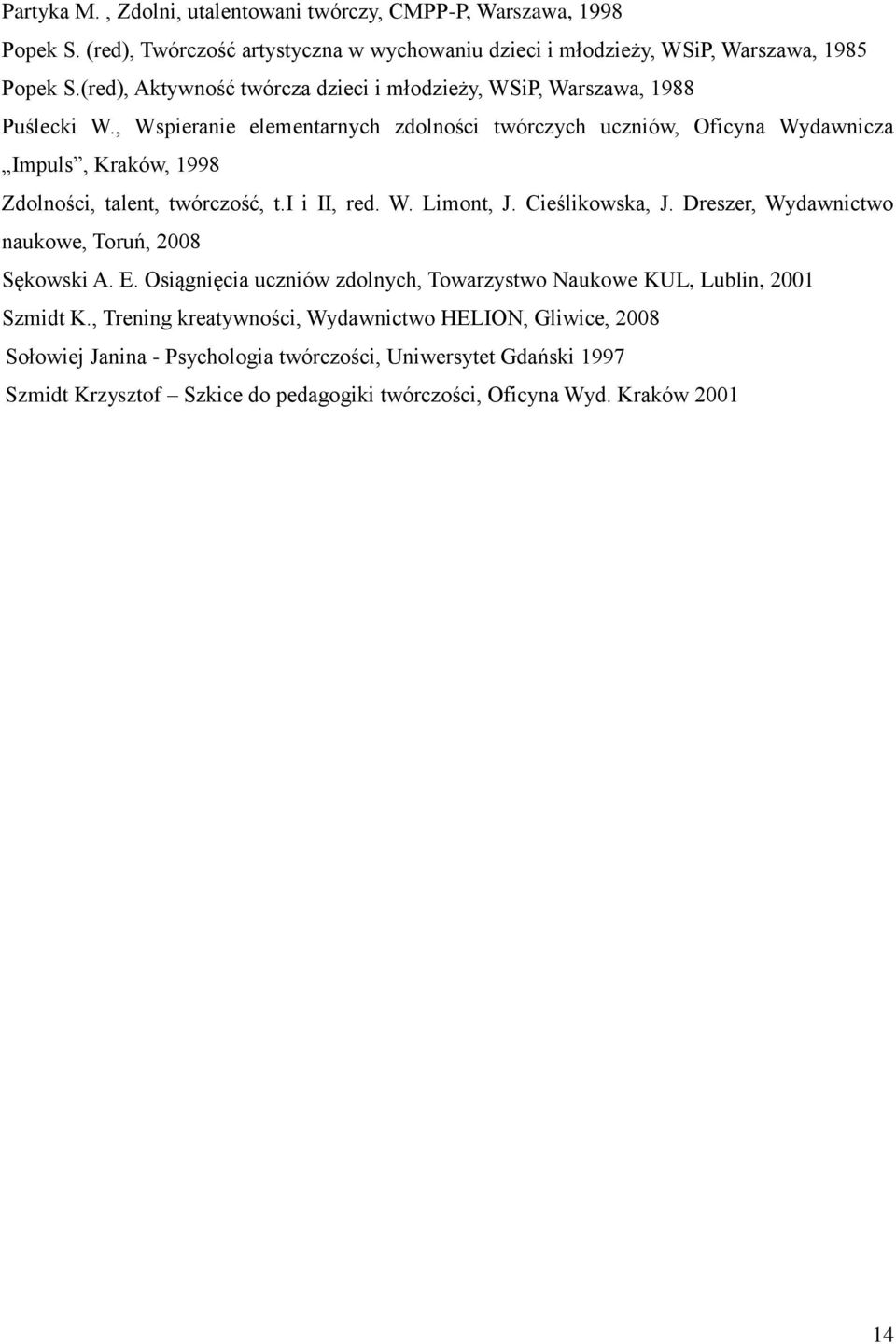 , Wspieranie elementarnych zdolności twórczych uczniów, Oficyna Wydawnicza Impuls, Kraków, 1998 Zdolności, talent, twórczość, t.i i II, red. W. Limont, J. Cieślikowska, J.