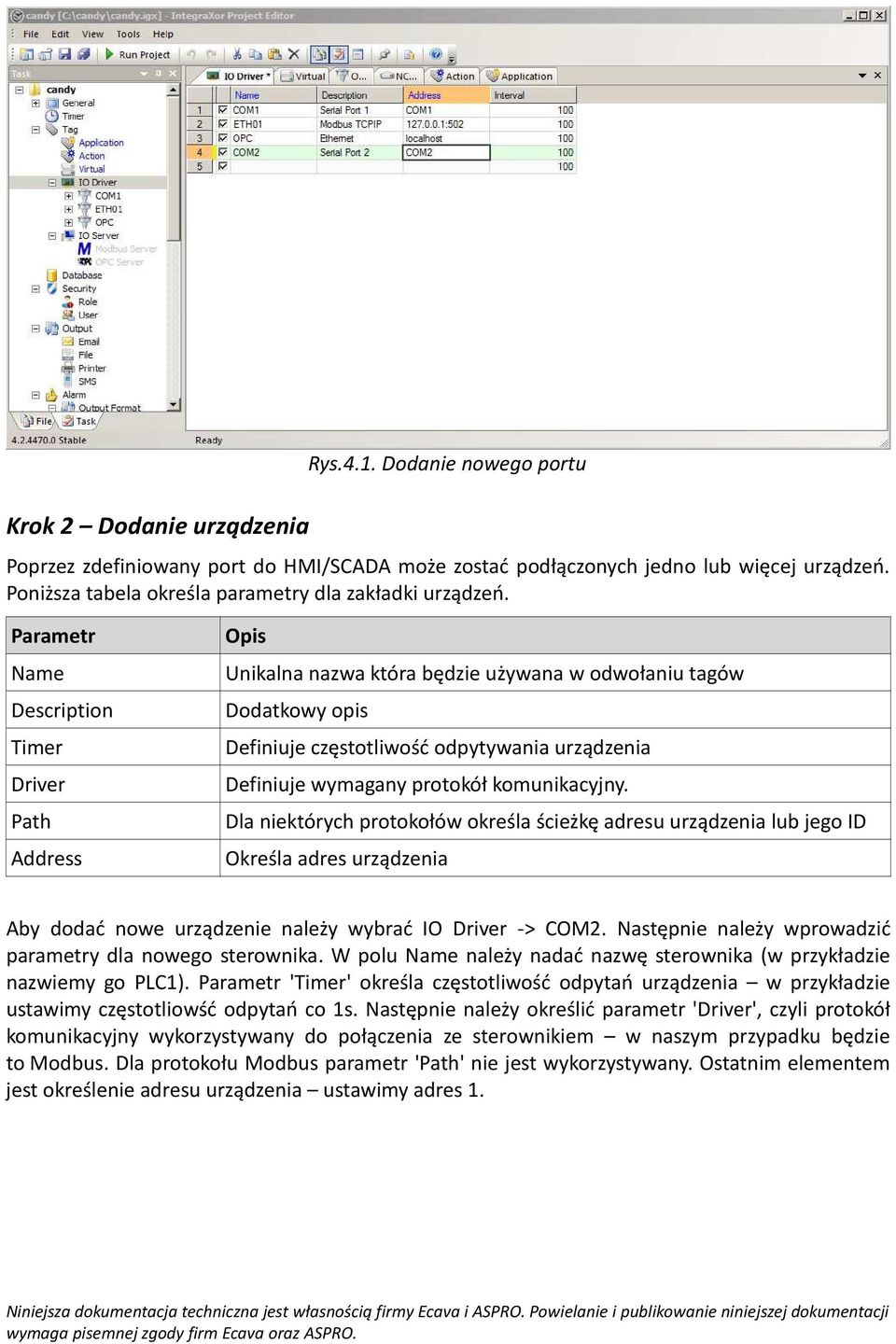 Parametr Name Description Timer Driver Path Address Opis Unikalna nazwa która będzie używana w odwołaniu tagów Dodatkowy opis Definiuje częstotliwość odpytywania urządzenia Definiuje wymagany