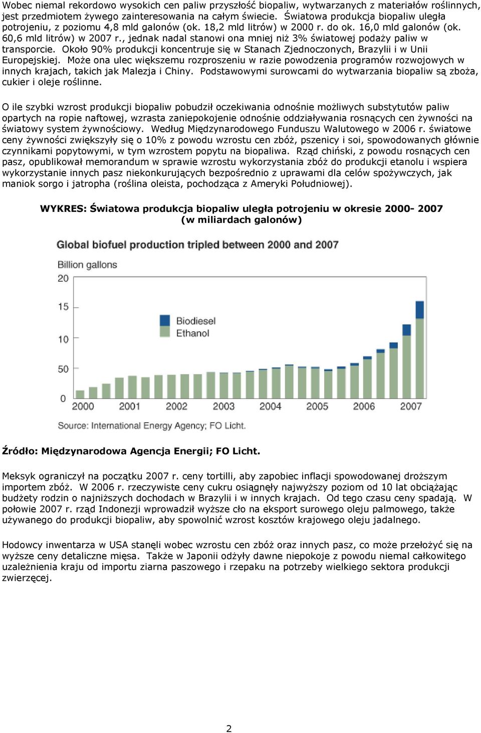 , jednak nadal stanowi ona mniej niż 3% światowej podaży paliw w transporcie. Około 90% produkcji koncentruje się w Stanach Zjednoczonych, Brazylii i w Unii Europejskiej.