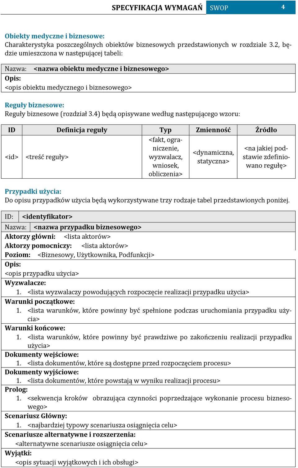 4) będą opisywane według następującego wzoru: ID Definicja reguły Typ Zmienność Źródło <fakt, ograniczenie, <id> <treść reguły> <na jakiej pod- <dynamiczna, wyzwalacz, stawie zdefiniowano regułę>