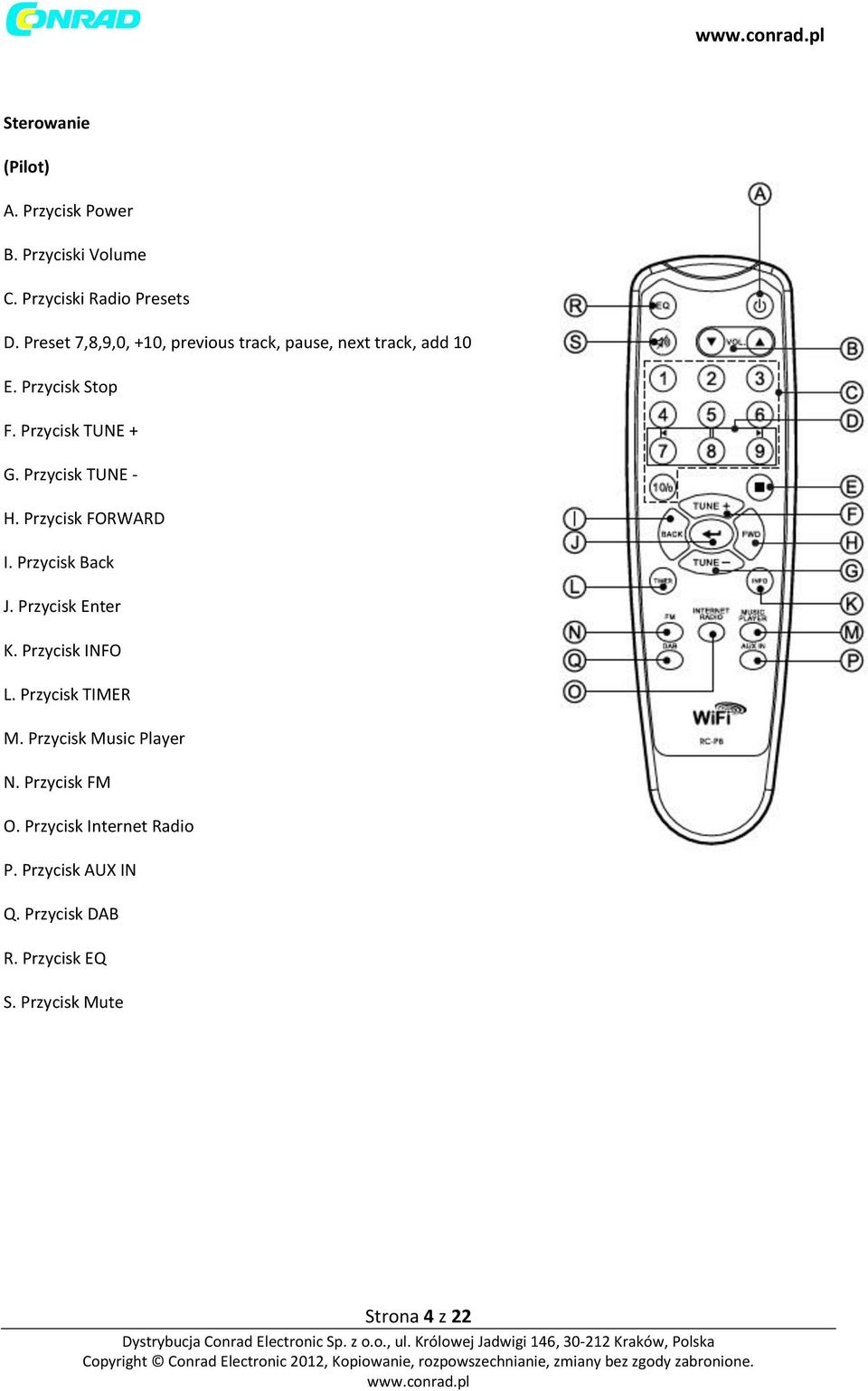 Przycisk TUNE - H. Przycisk FORWARD I. Przycisk Back J. Przycisk Enter K. Przycisk INFO L. Przycisk TIMER M.