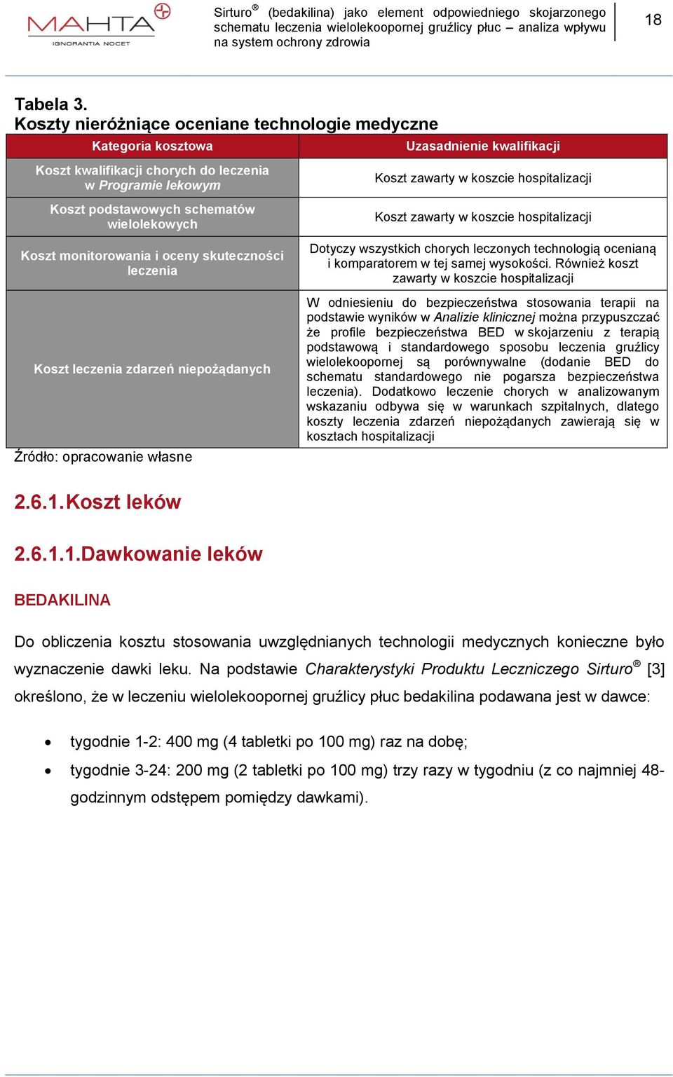 skuteczności leczenia Koszt leczenia zdarzeń niepożądanych Źródło: opracowanie własne 2.6.1.