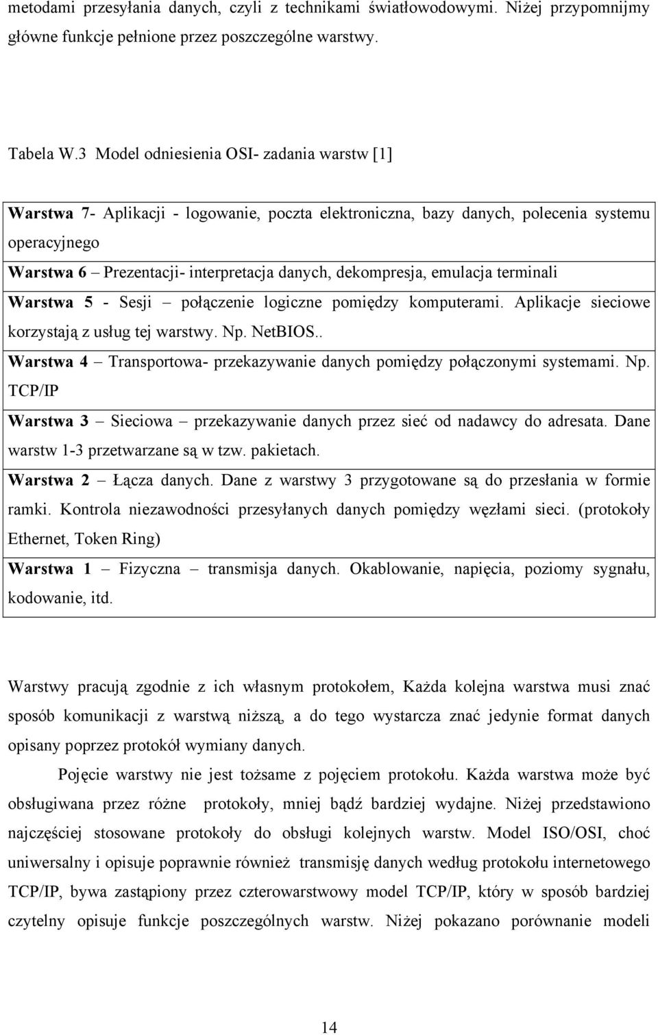 dekompresja, emulacja terminali Warstwa 5 - Sesji połączenie logiczne pomiędzy komputerami. Aplikacje sieciowe korzystają z usług tej warstwy. Np. NetBIOS.