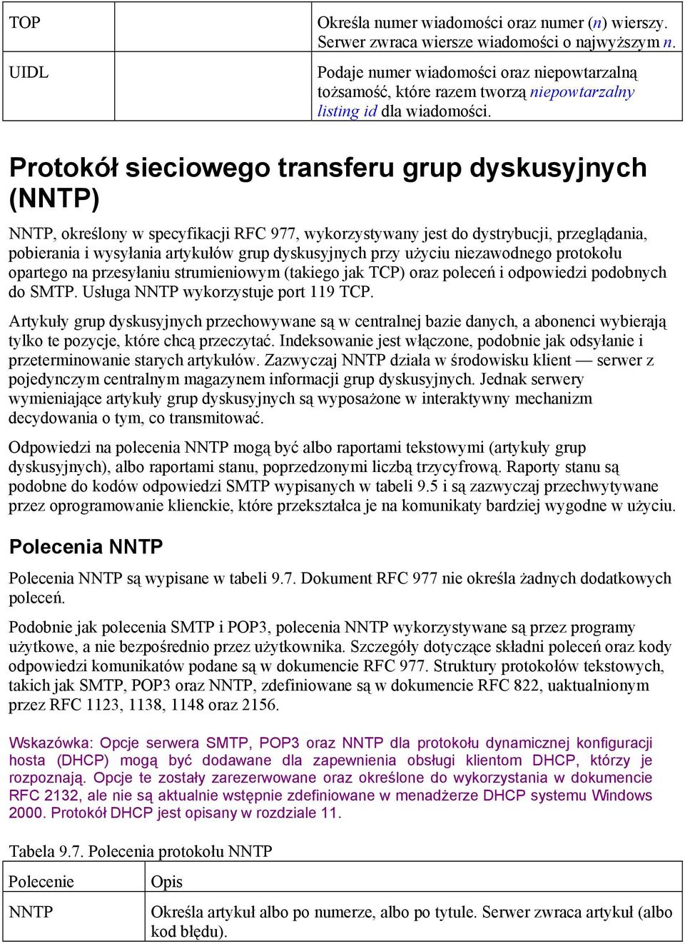 Protokół sieciowego transferu grup dyskusyjnych (NNTP) NNTP, określony w specyfikacji RFC 977, wykorzystywany jest do dystrybucji, przeglądania, pobierania i wysyłania artykułów grup dyskusyjnych