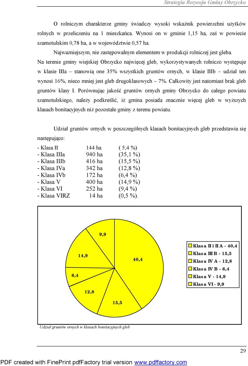 Na terenie gminy wiejskiej Obrzycko najwięcej gleb, wykorzystywanych rolniczo występuje w klasie IIIa stanowią one 35% wszystkich gruntów ornych, w klasie IIIb udział ten wynosi 16%, nieco mniej jest