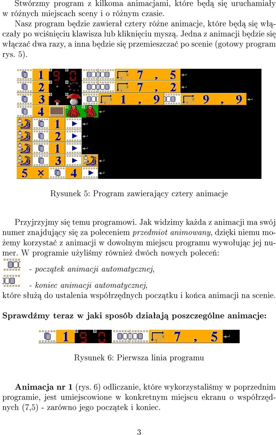 Jedna z animacji b dzie si wª cza dwa razy, a inna b dzie si przemieszcza po scenie (gotowy program rys. 5). Rysunek 5: Program zawieraj cy cztery animacje Przyjrzyjmy si temu programowi.