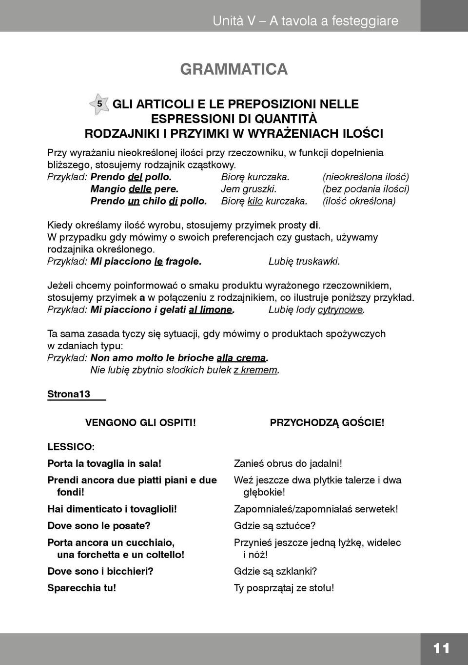 (bez podania ilości) Prendo un chilo di pollo. Biorę kilo kurczaka. (ilość określona) Kiedy określamy ilość wyrobu, stosujemy przyimek prosty di.