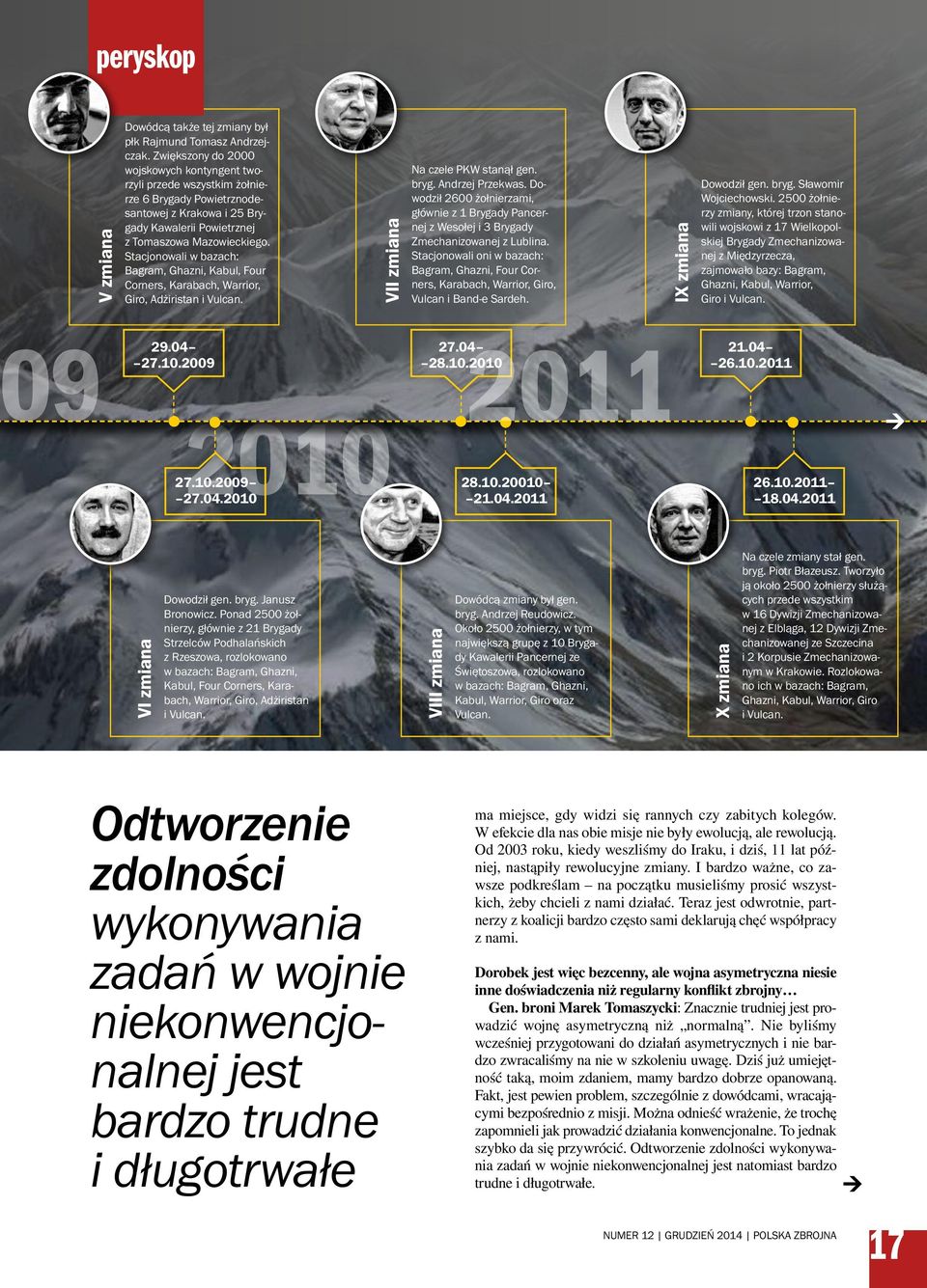 Stacjonowali w bazach: Bagram, Ghazni, Kabul, Four Corners, Karabach, Warrior, Giro, Adżiristan i Vulcan. VII zmiana Na czele PKW stanął gen. bryg. Andrzej Przekwas.