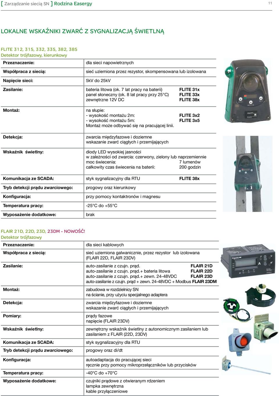 8 lat pracy przy 25 C) FLITE 33x zewnętrzne 12V DC FLITE 38x Wskaźnik świetlny: na słupie: - wysokość montażu 2m: FLITE 3x2 - wysokość montażu 5m: FLITE 3x5 Montaż może odbywać się na pracującej