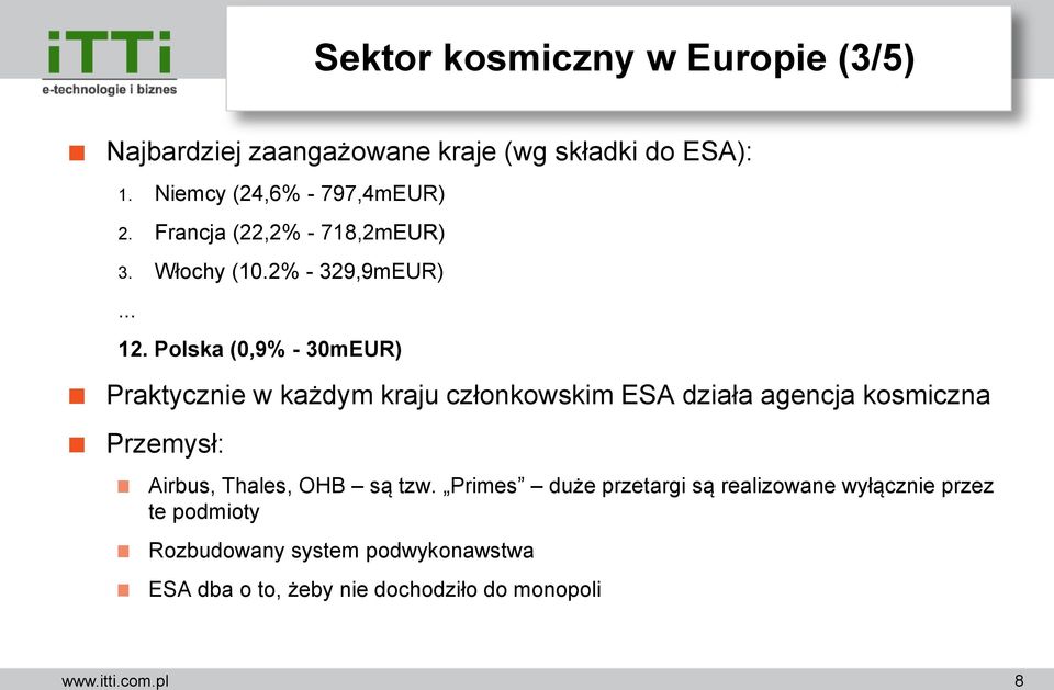 Polska (0,9% - 30mEUR) Praktycznie w każdym kraju członkowskim ESA działa agencja kosmiczna Przemysł: Airbus,