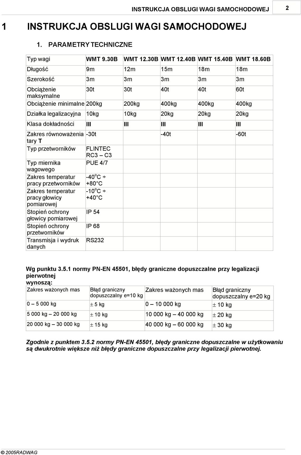 Klasa dokładności III III III III III Zakres równoważenia -30t tary T Typ przetworników FLINTEC RC3 C3 Typ miernika PUE 4/7 wagowego Zakres temperatur -40oC pracy przetworników +80 C Zakres