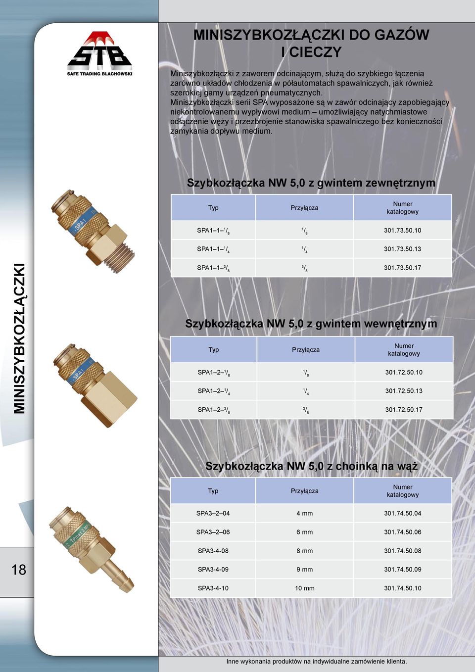 Miniszybkozłączki serii SPA wyposażone są w zawór odcinający zapobiegający niekontrolowanemu wypływowi medium umożliwiający natychmiastowe odłączenie węży i przezbrojenie stanowiska spawalniczego bez