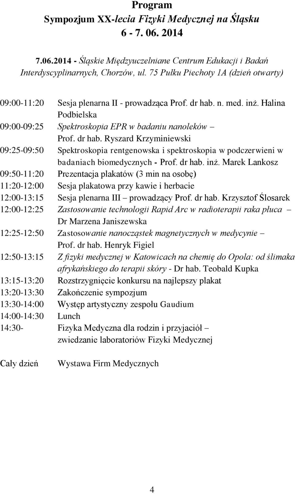 n. med. inż. Halina Podbielska 09:00-09:25 Spektroskopia EPR w badaniu nanoleków Prof. dr hab.