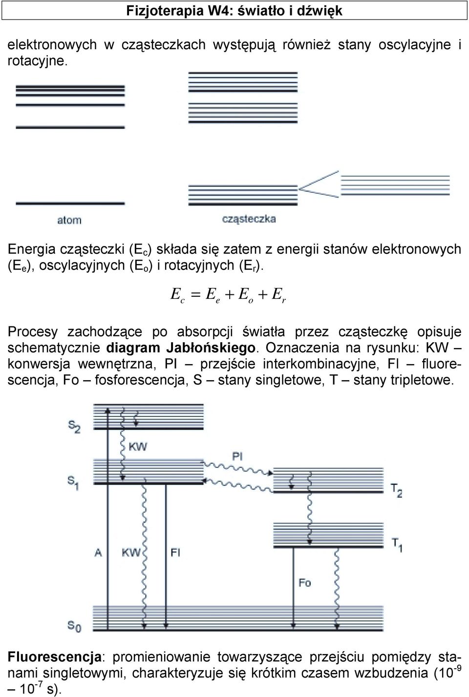 E = E + E + c e o E r Procesy zachodzące po absorpcji światła przez cząsteczkę opisuje schematycznie diagram Jabłońskiego.