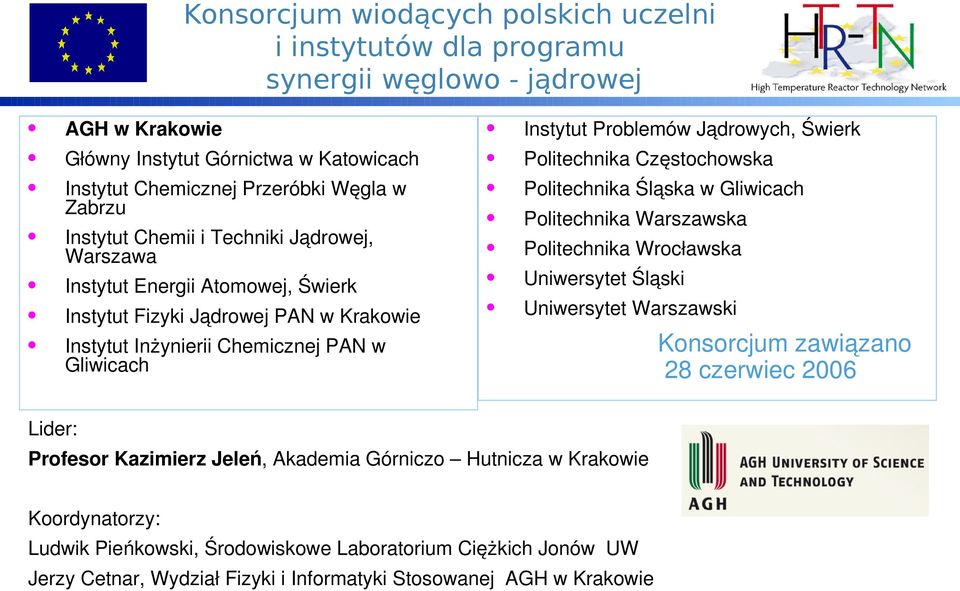 Energii Atomowej, Świerk Uniwersytet Śląski Instytut Fizyki Jądrowej PAN w Krakowie Uniwersytet Warszawski Instytut Inżynierii Chemicznej PAN w Gliwicach Konsorcjum zawiązano 28 czerwiec 2006 Lider: