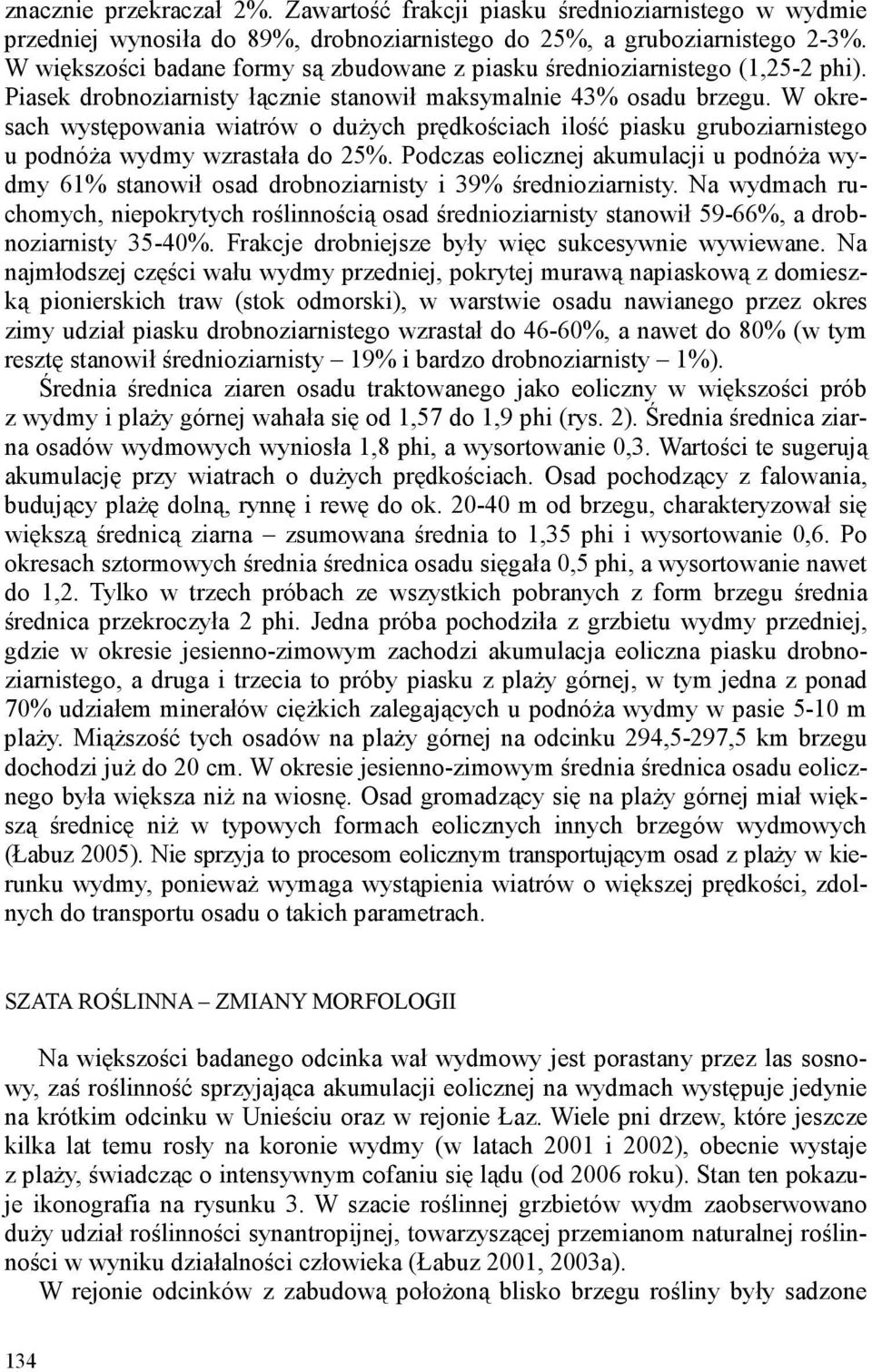 W okresach występowania wiatrów o dużych prędkościach ilość piasku gruboziarnistego u podnóża wydmy wzrastała do 25%.