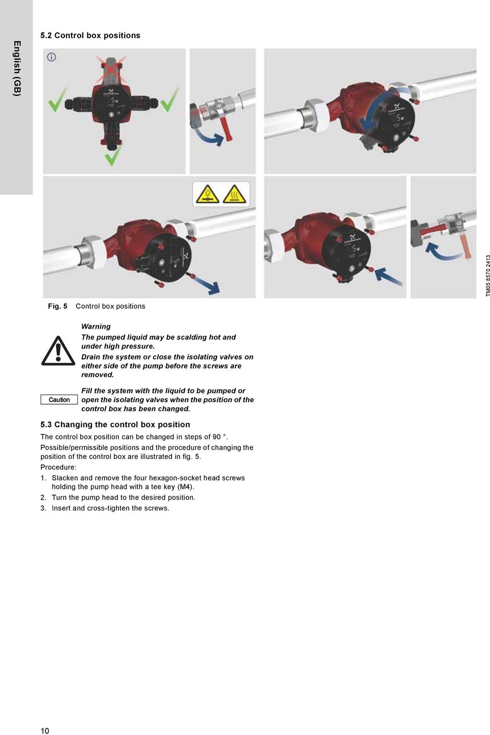 Caution Fill the system with the liquid to be pumped or open the isolating valves when the position of the control box has been changed. 5.