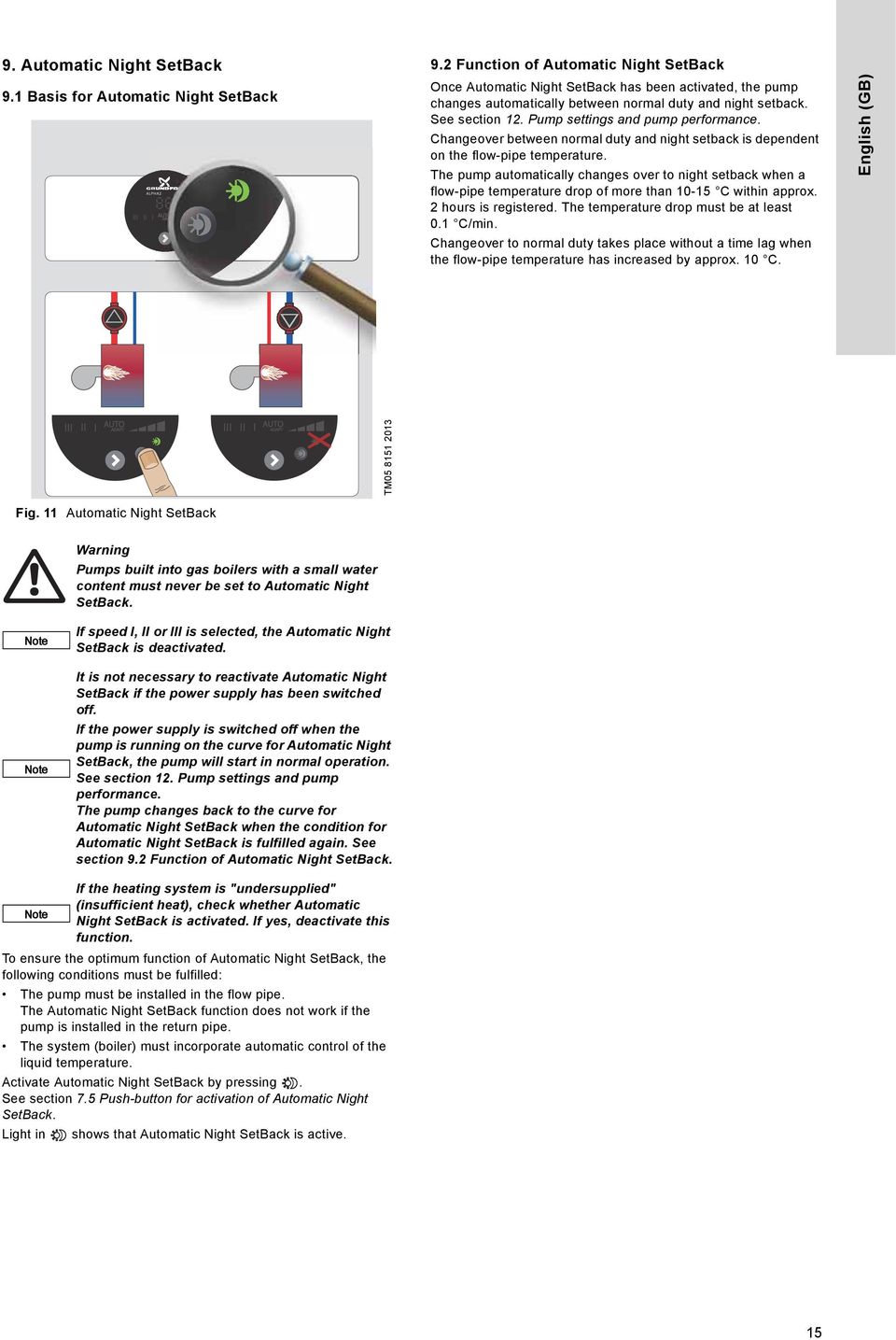 Pump settings and pump performance. Changeover between normal duty and night setback is dependent on the flow-pipe temperature.