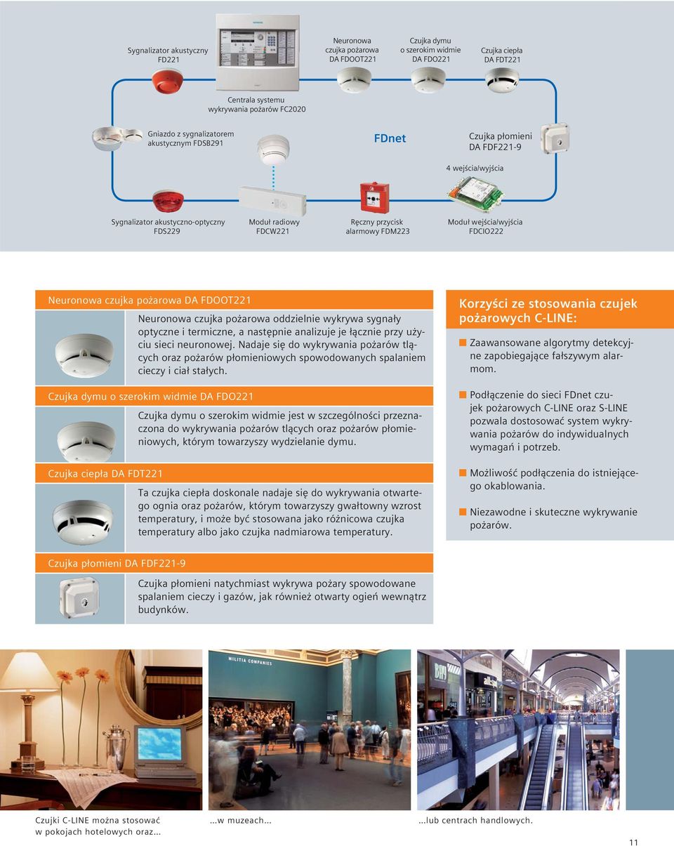 FDM223 Moduł wejścia/wyjścia FDCIO222 Neuronowa czujka pożarowa DA FDOOT221 Neuronowa czujka pożarowa oddzielnie wykrywa sygnały optyczne i termiczne, a następnie analizuje je łącznie przy użyciu