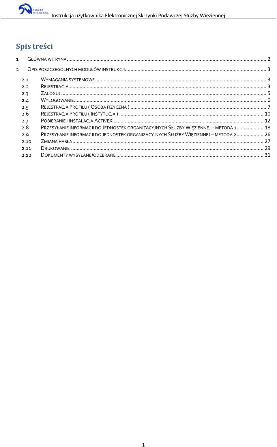 7 POBIERANIE I INSTALACJA ACTIVEX... 12 2.8 PRZESYŁANIE INFORMACJI DO JEDNOSTEK ORGANIZACYJNYCH SŁUŻBY WIĘZIENNEJ METODA 1... 18 2.