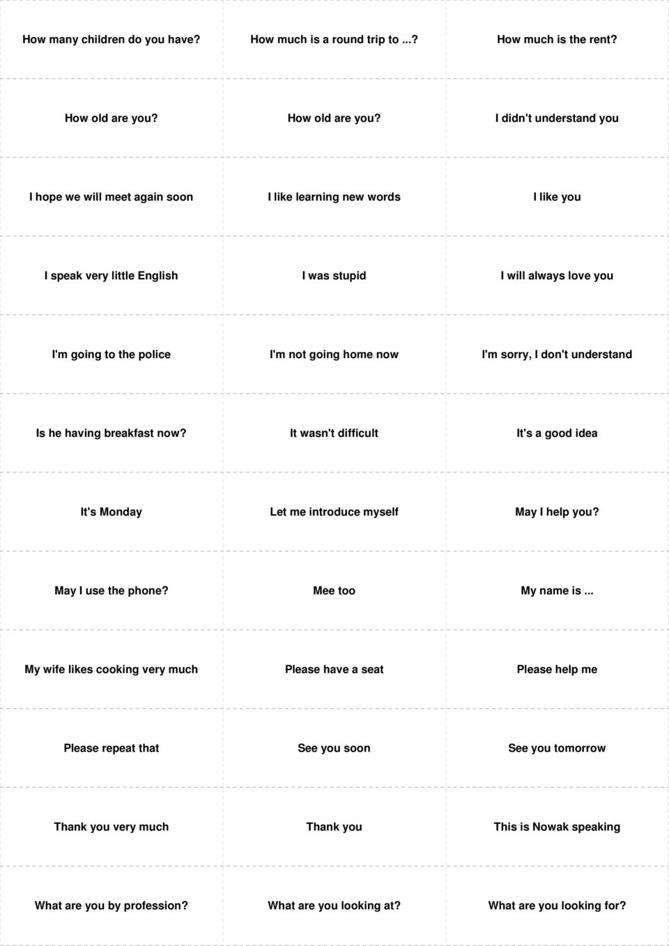 I didn't understand you I hope we will meet again soon I like learning new words I like you I speak very little English I was stupid I will always love you I'm going to the police I'm not