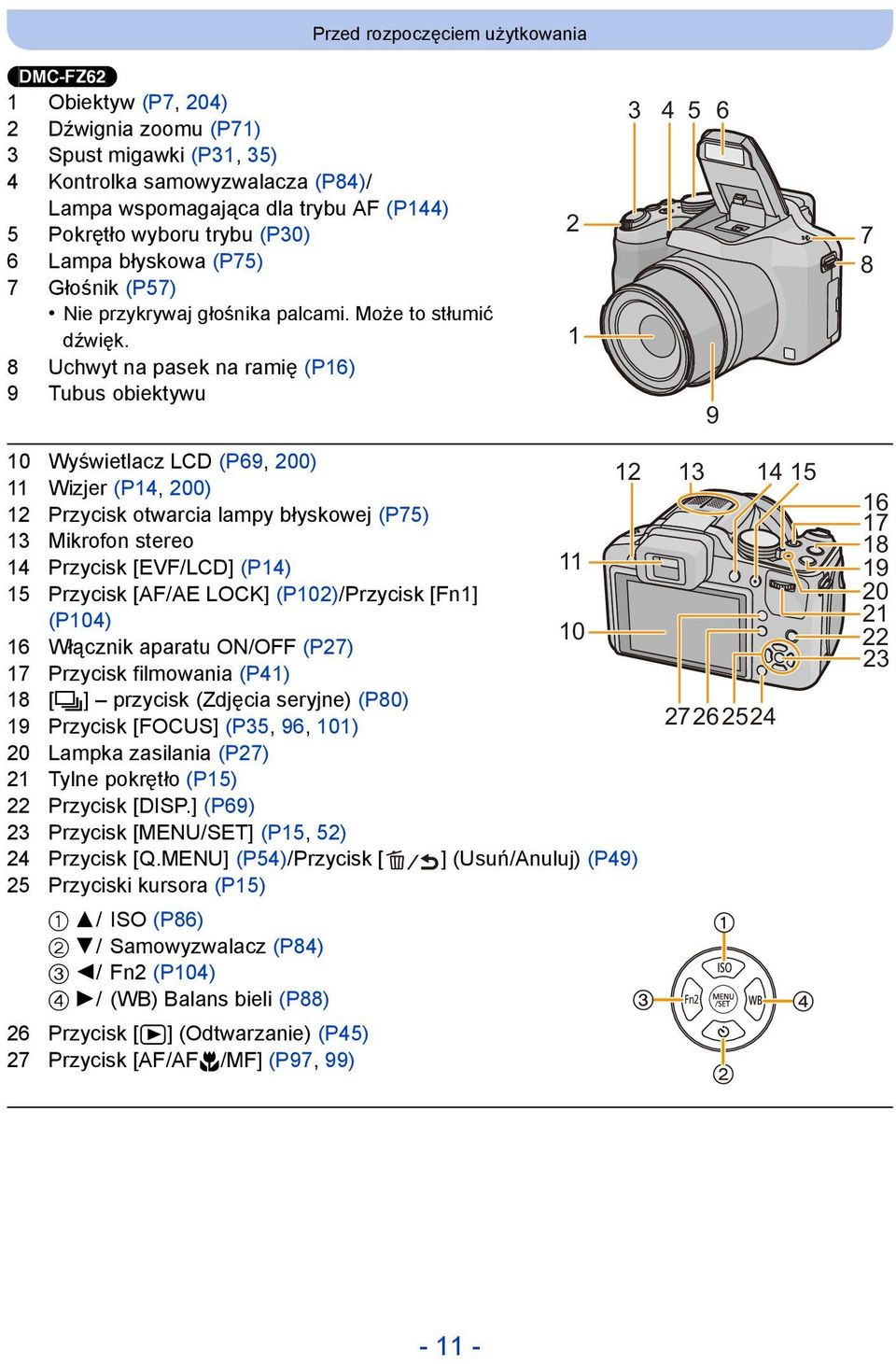 8 Uchwyt na pasek na ramię (P16) 9 Tubus obiektywu 2 1 3 4 5 6 9 7 8 10 Wyświetlacz LCD (P69, 200) 11 Wizjer (P14, 200) 12 13 14 12 Przycisk otwarcia lampy błyskowej (P75) 13 Mikrofon stereo 14