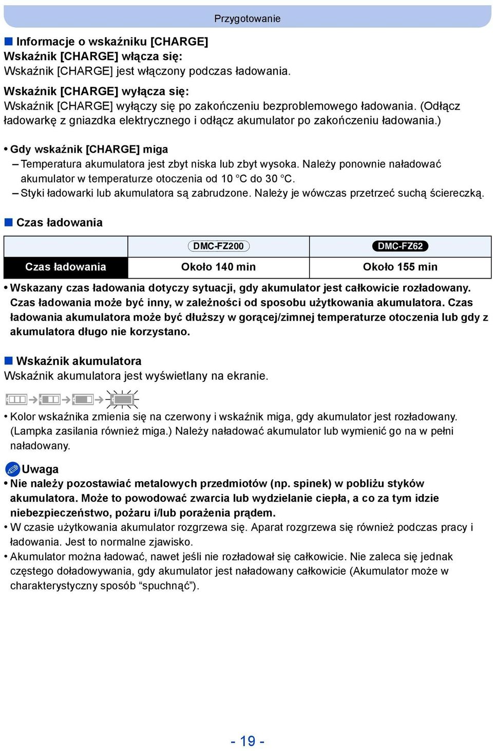 ) Gdy wskaźnik [CHARGE] miga Temperatura akumulatora jest zbyt niska lub zbyt wysoka. Należy ponownie naładować akumulator w temperaturze otoczenia od 10 oc do 30 oc.