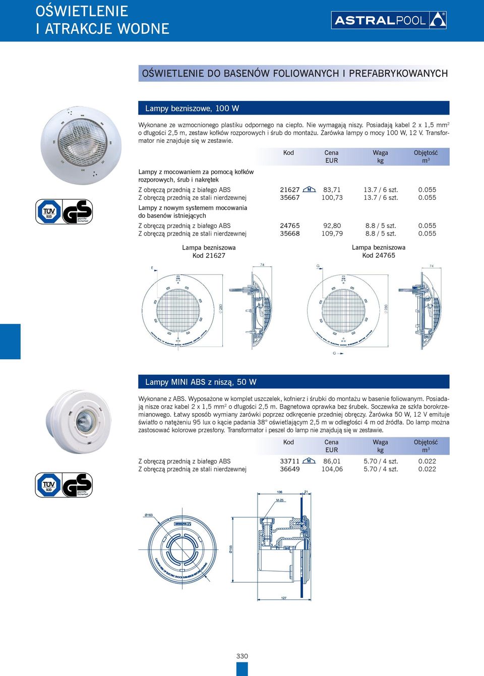 eur kg m 3 Lampy z mocowaniem za pomocą kołków rozporowych, śrub i nakrętek Z obręczą przednią z białego ABS 21627 83,71 13.7 / 6 szt. 0.055 Z obręczą przednią ze stali nierdzewnej 35667 100,73 13.