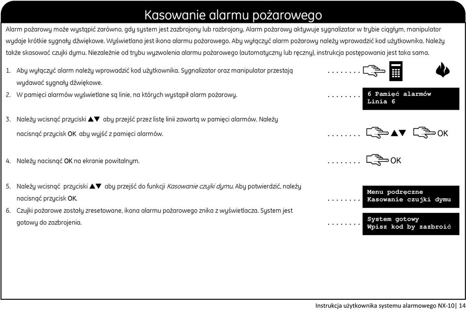 Aby wyłączyć alarm pożarowy należy wprowadzić kod użytkownika. Należy także skasować czujki dymu.