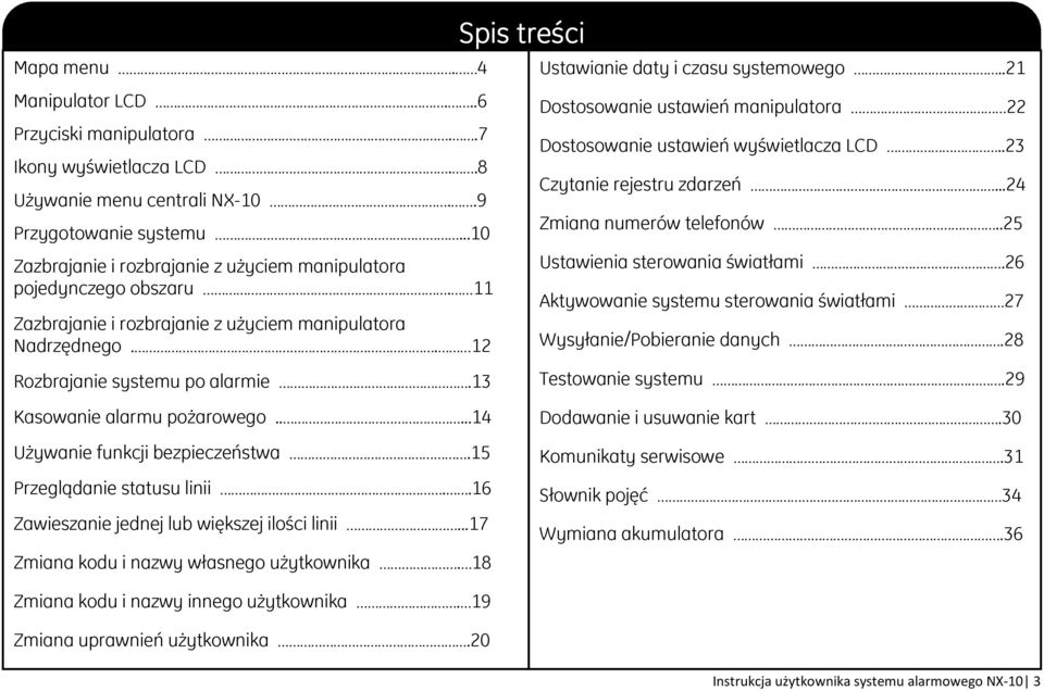 13 Spis treści Ustawianie daty i czasu systemowego..21 Dostosowanie ustawień manipulatora 22 Dostosowanie ustawień wyświetlacza LCD..23 Czytanie rejestru zdarzeń...24 Zmiana numerów telefonów.