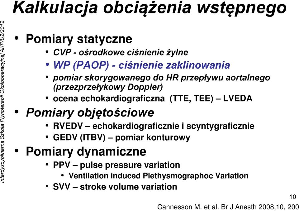 objętościowe RVEDV echokardiograficznie i scyntygraficznie GEDV (ITBV) pomiar konturowy Pomiary dynamiczne PPV pulse