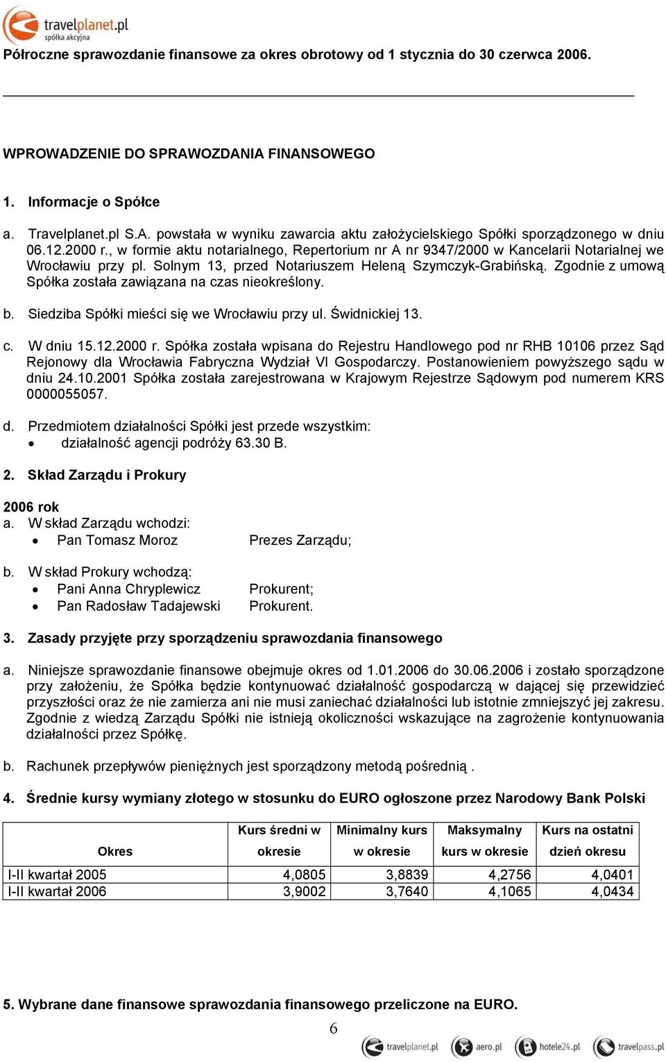 Zgodnie z umową Spółka została zawiązana na czas nieokreślony. b. Siedziba Spółki mieści się we Wrocławiu przy ul. Świdnickiej 13. c. W dniu 15.12.2000 r.