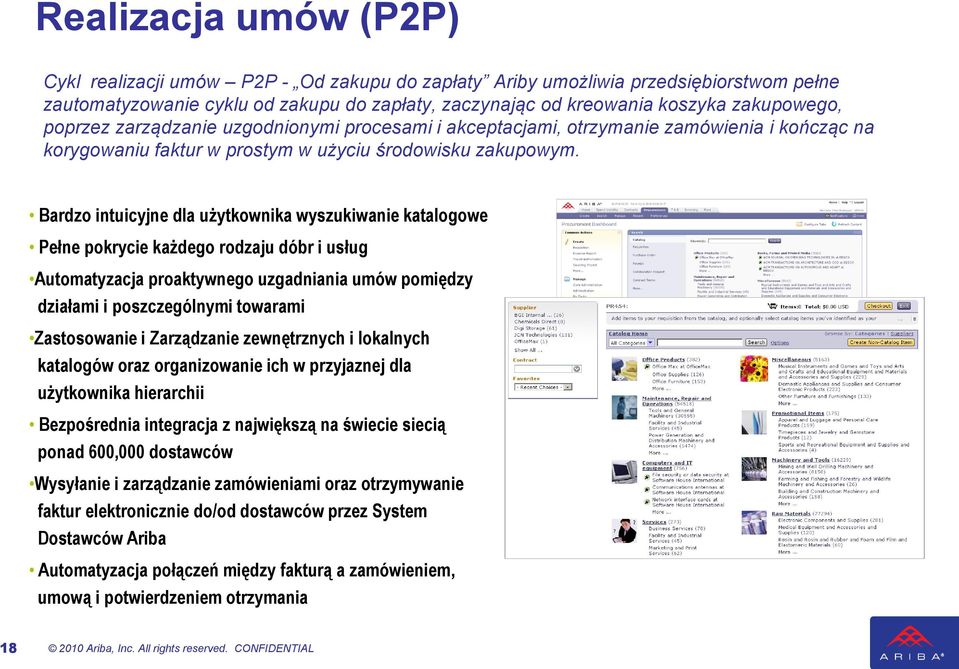 Bardzo intuicyjne dla użytkownika wyszukiwanie katalogowe Pełne pokrycie każdego rodzaju dóbr i usług Automatyzacja proaktywnego uzgadniania umów pomiędzy działami i poszczególnymi towarami