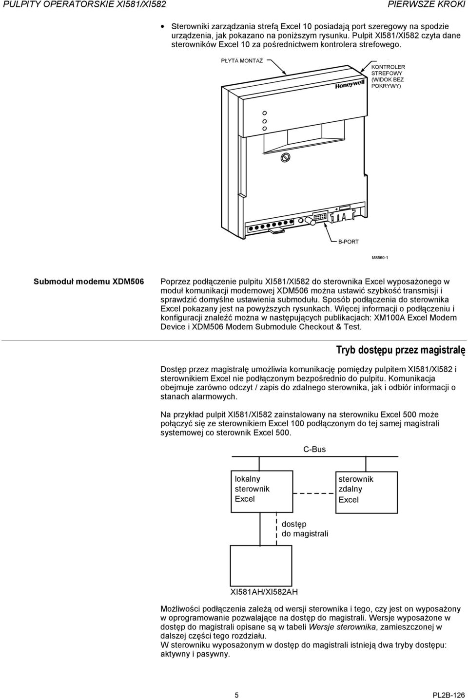 PŁYTA MONTAŻ KONTROLER STREFOWY (WIDOK BEZ POKRYWY) Submoduł modemu XDM506 Poprzez podłączenie pulpitu XI581/Xl582 do sterownika Excel wyposażonego w moduł komunikacji modemowej XDM506 można ustawić