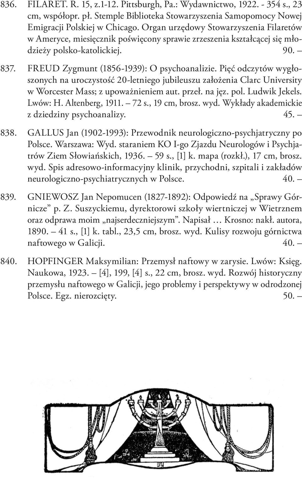 Pięć odczytów wygłoszonych na uroczystość 20-letniego jubileuszu założenia Clarc University w Worcester Mass; z upoważnieniem aut. przeł. na jęz. pol. Ludwik Jekels. Lwów: H. Altenberg, 1911. 72 s.