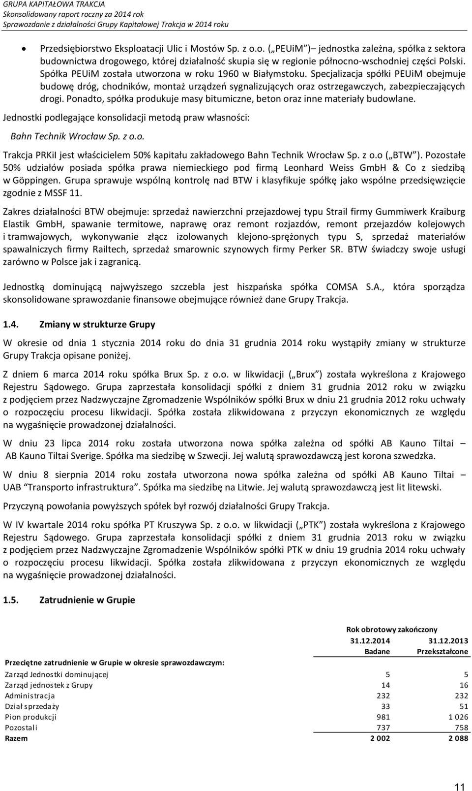 Ponadto, spółka produkuje masy bitumiczne, beton oraz inne materiały budowlane. Jednostki podlegające konsolidacji metodą praw własności: Bahn Technik Wrocław Sp. z o.o. Trakcja PRKiI jest właścicielem 50% kapitału zakładowego Bahn Technik Wrocław Sp.