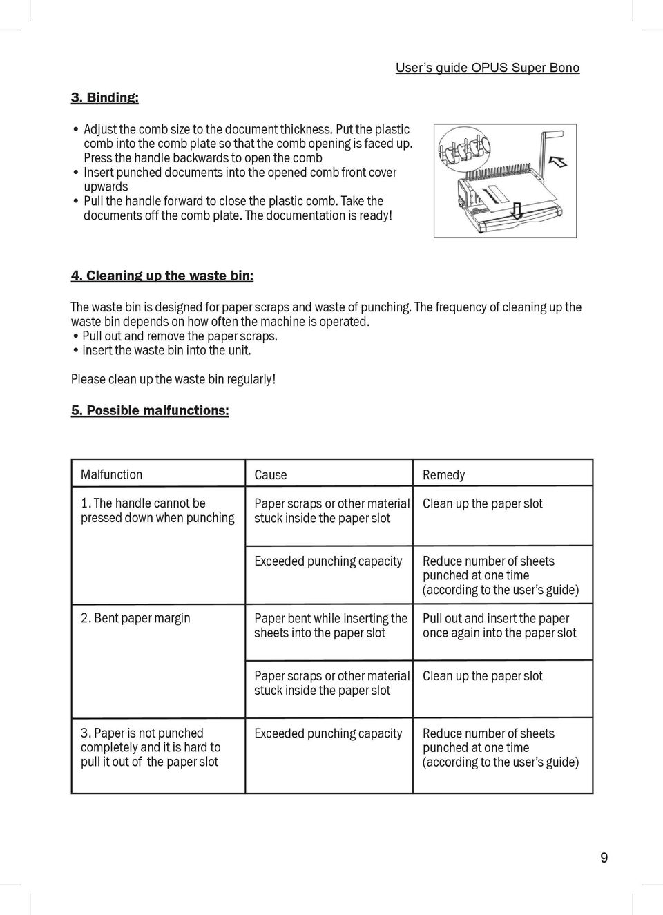 The documentation is ready! 4. Cleaning up the waste bin: The waste bin is designed for paper scraps and waste of punching.