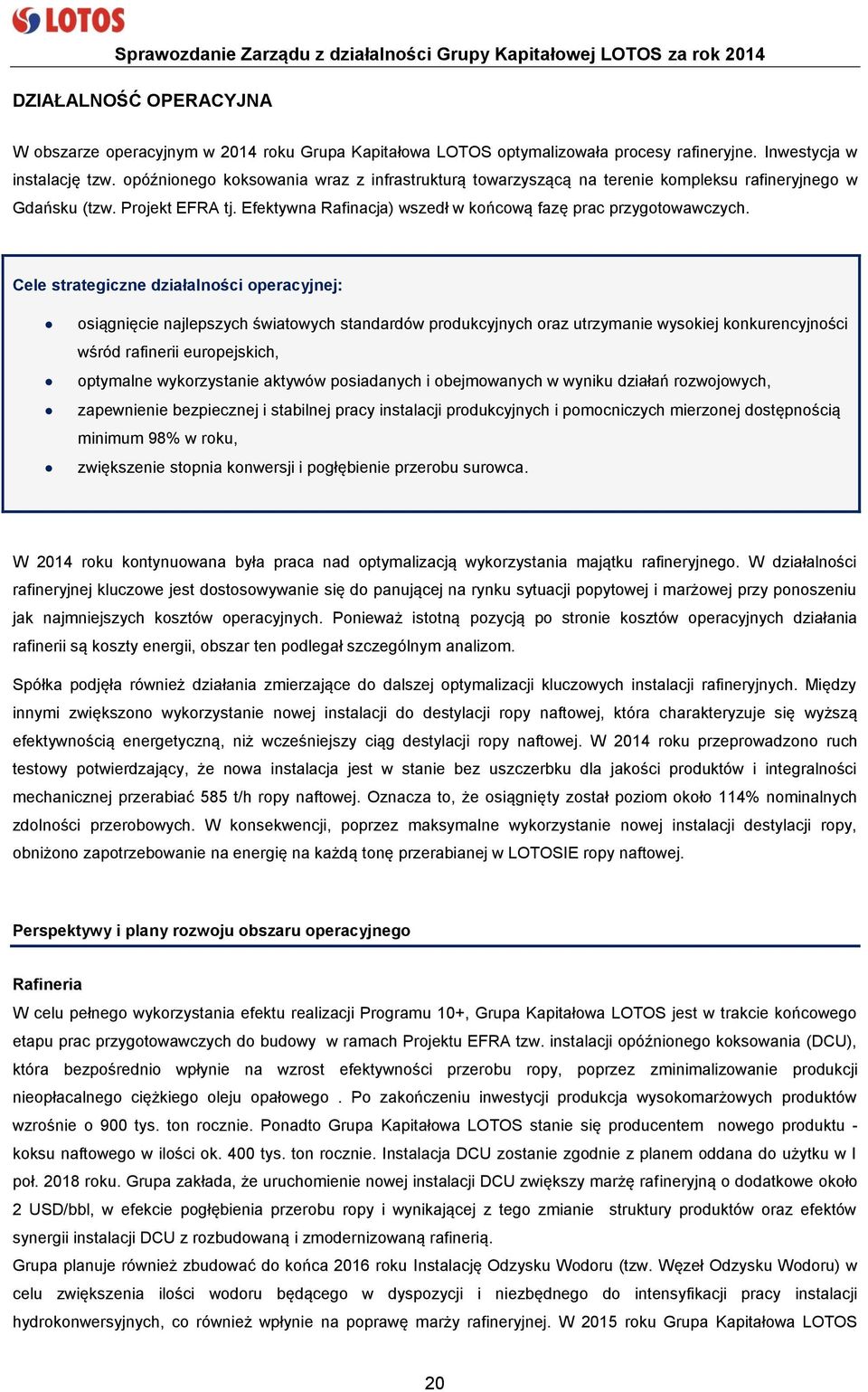 Cele strategiczne działalności operacyjnej: osiągnięcie najlepszych światowych standardów produkcyjnych oraz utrzymanie wysokiej konkurencyjności wśród rafinerii europejskich, optymalne wykorzystanie