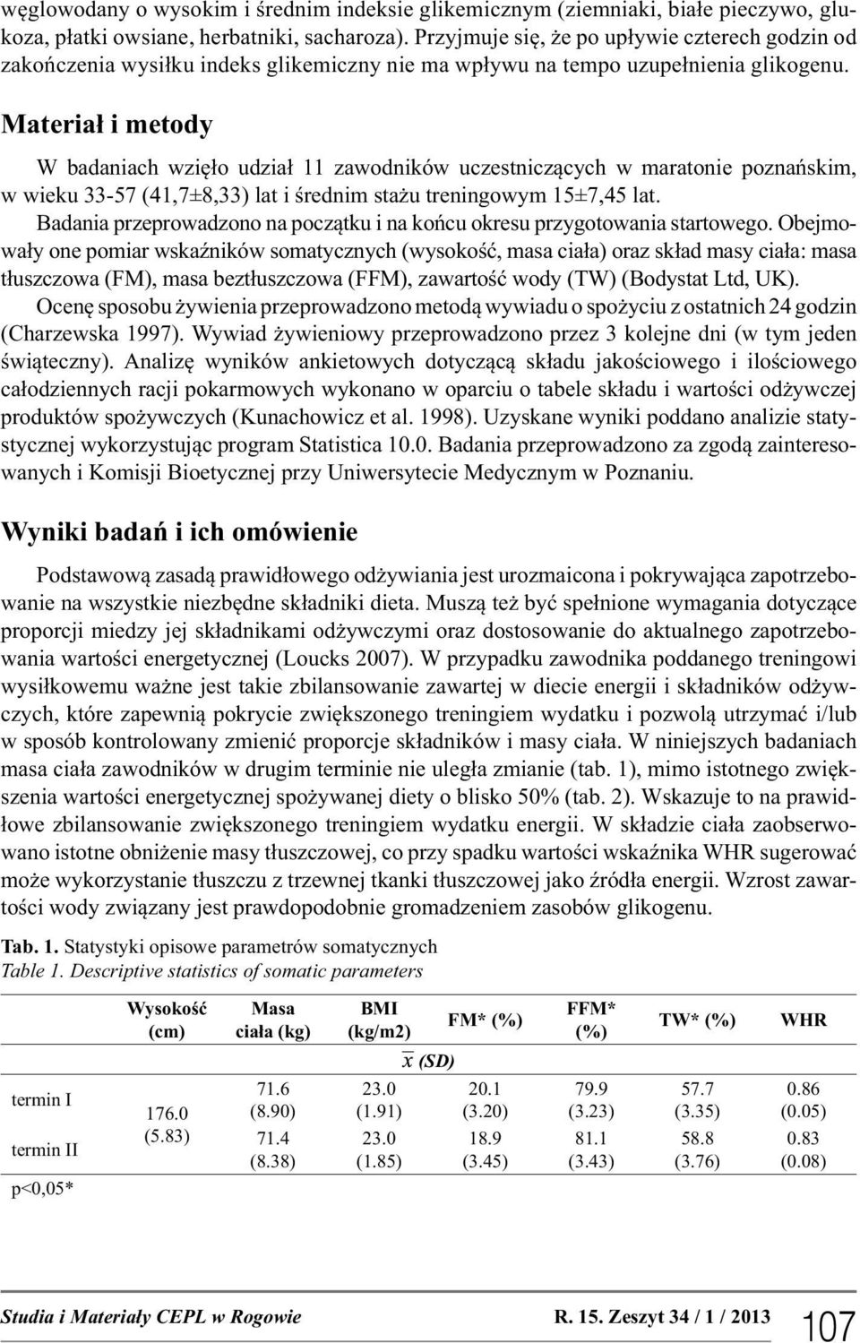 Materiał i metody W badaniach wzięło udział 11 zawodników uczestniczących w maratonie poznańskim, w wieku 33-57 (41,7±8,33) lat i średnim stażu treningowym 15±7,45 lat.