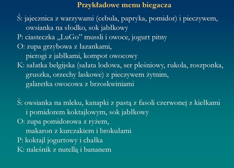 roszponka, gruszka, orzechy laskowe) z pieczywem żytnim, galaretka owocowa z brzoskwiniami Ś: owsianka na mleku, kanapki z pastą z fasoli czerwonej z