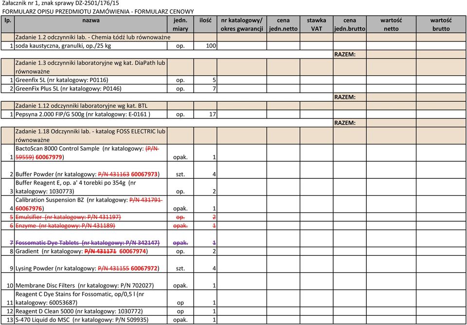 5 2 GreenFix Plus 5L (nr katalogowy: P0146) op. 7 Zadanie 1.12 odczynniki laboratoryjne wg kat. BTL 1 Pepsyna 2.000 FIP/G 500g (nr katalogowy: E-0161 ) op. 17 Zadanie 1.18 Odczynniki lab.