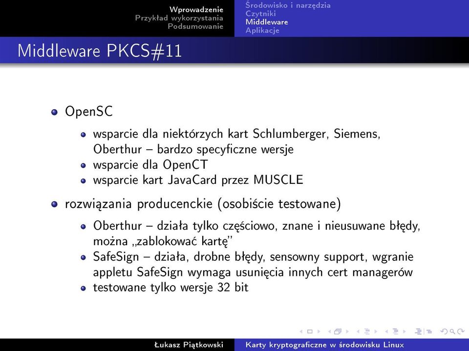 (osobi±cie testowane) Oberthur dziaªa tylko cz ±ciowo, znane i nieusuwane bª dy, mo»na zablokowa kart SafeSign dziaªa,